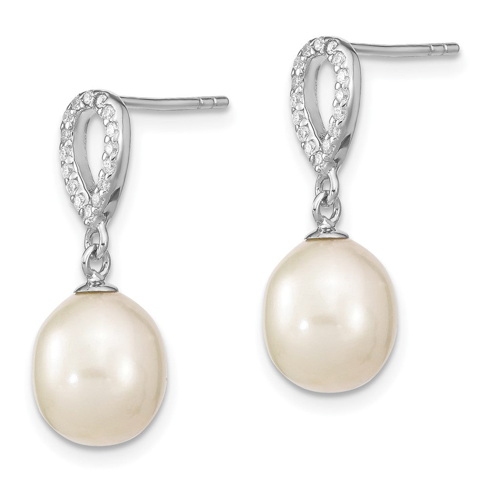 Sterling Silver Rhodium-plated 8- White Rice Freshwater Cultured Pearl and CZ Post Dangle Earrings