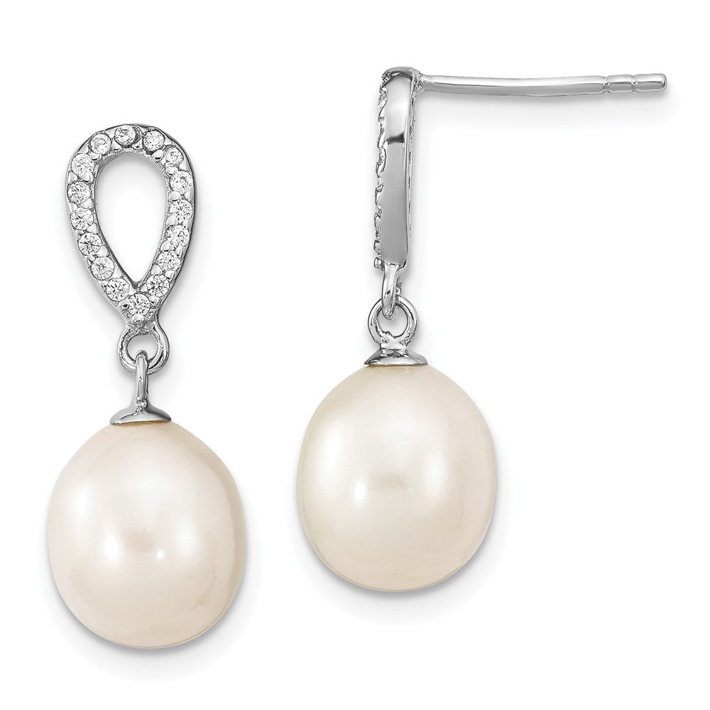 Sterling Silver Rhodium-plated 8- White Rice Freshwater Cultured Pearl and CZ Post Dangle Earrings