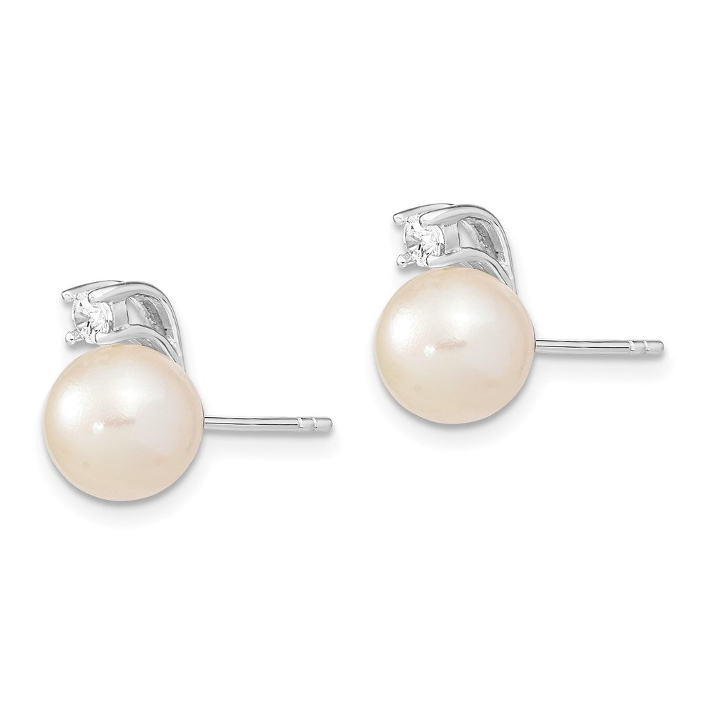 Sterling Silver Rhodium-plated 8- White Semi-Round Freshwater Cultured Pearl and CZ Post Earrings