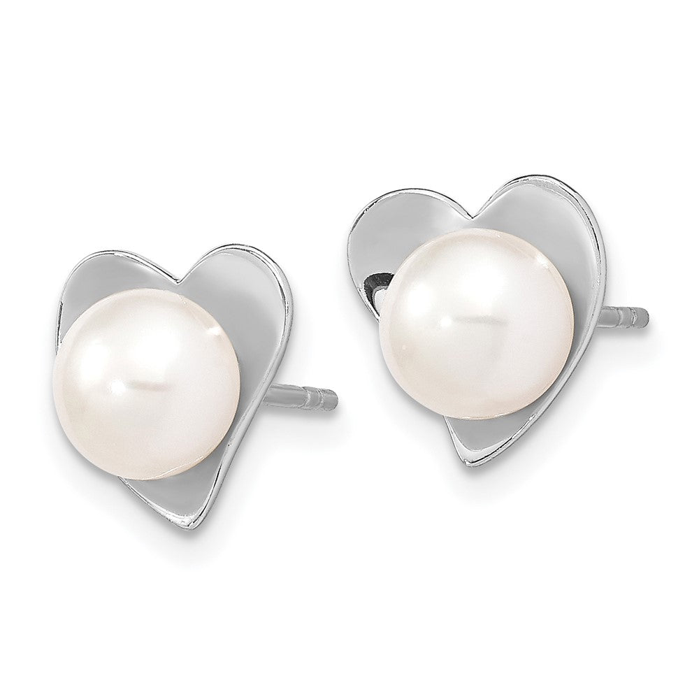 Sterling Silver Rhodium-plated 7- White Button Freshwater Cultured Pearl Heart Post Earrings