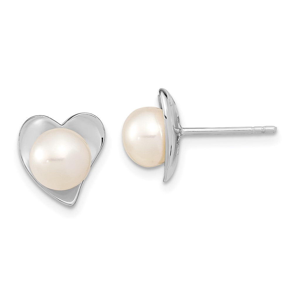 Sterling Silver Rhodium-plated 7- White Button Freshwater Cultured Pearl Heart Post Earrings