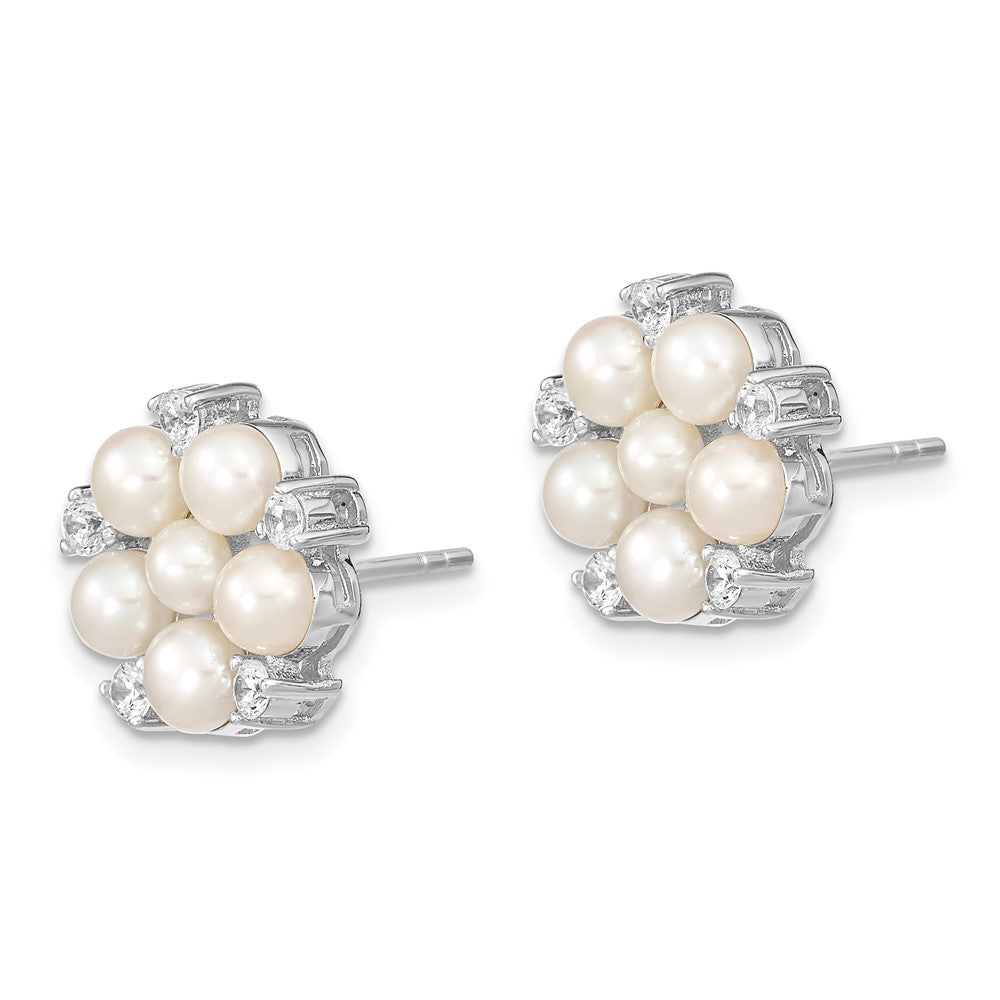 Sterling Silver Rhodium-plated 3- White Button Freshwater Cultured Pearl and CZ Flower Post Earrings