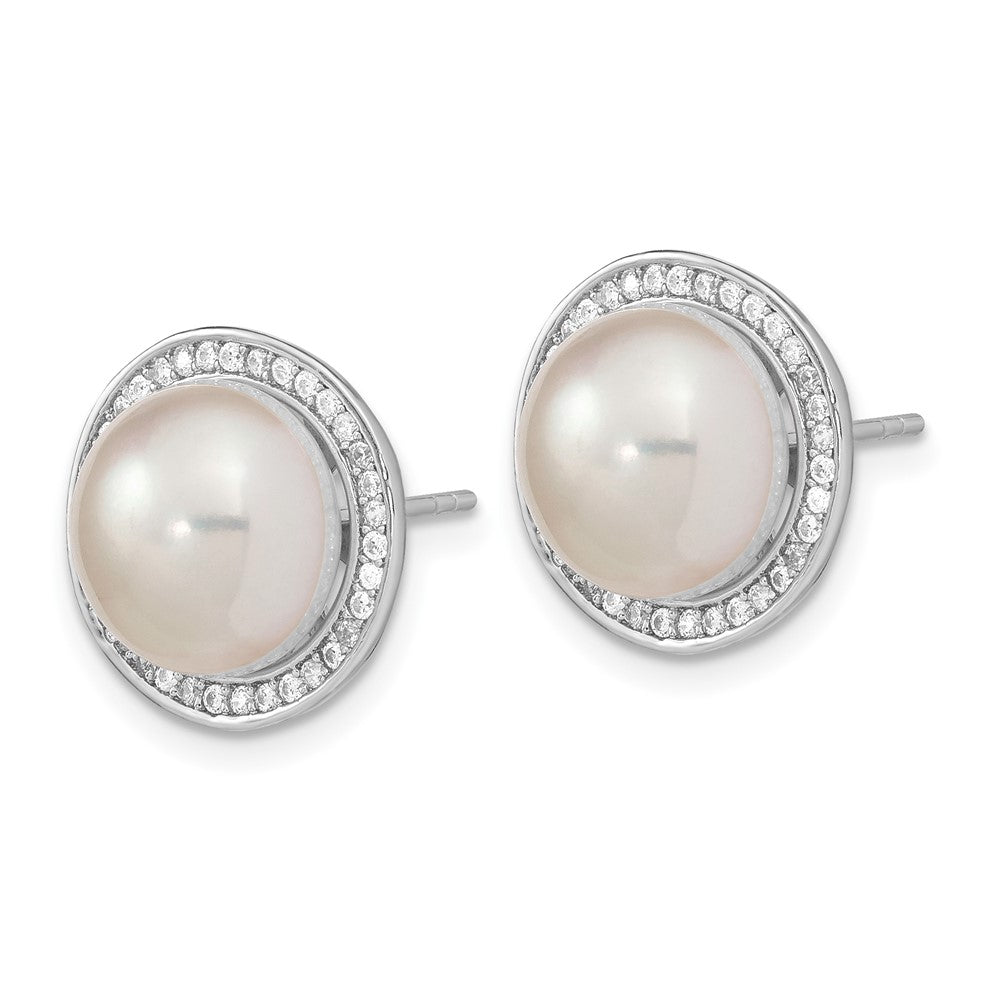 Sterling Silver Rhodium-plated 10- White Button Freshwater Cultured Pearl and CZ Post Earrings