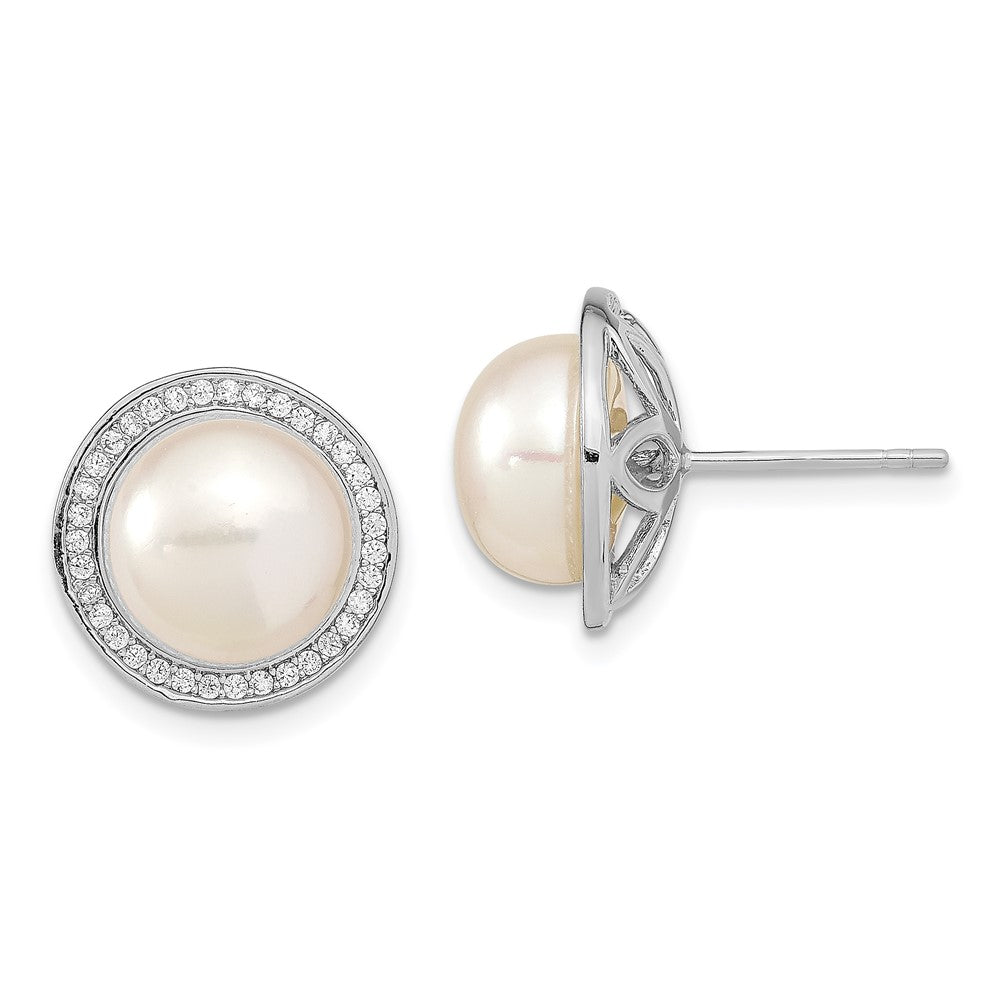 Sterling Silver Rhodium-plated 10- White Button Freshwater Cultured Pearl and CZ Post Earrings