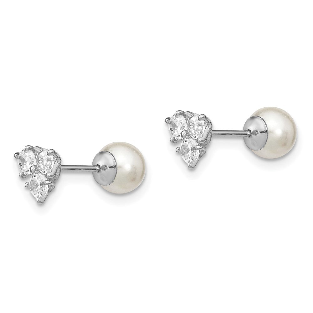 Sterling Silver Rhodium-plated Polished White 5- Imitation Shell Pearl & CZ Reversible Post Earrings
