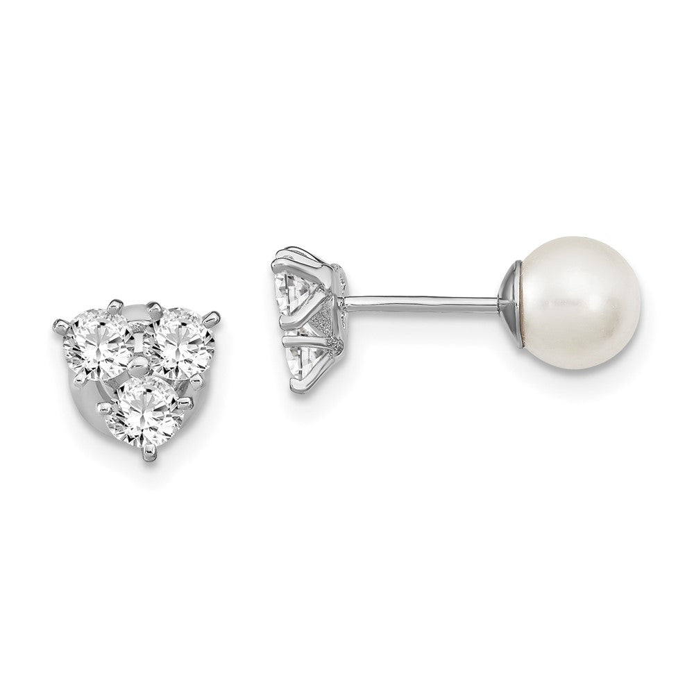 Sterling Silver Rhodium-plated Polished White 5- Imitation Shell Pearl & CZ Reversible Post Earrings