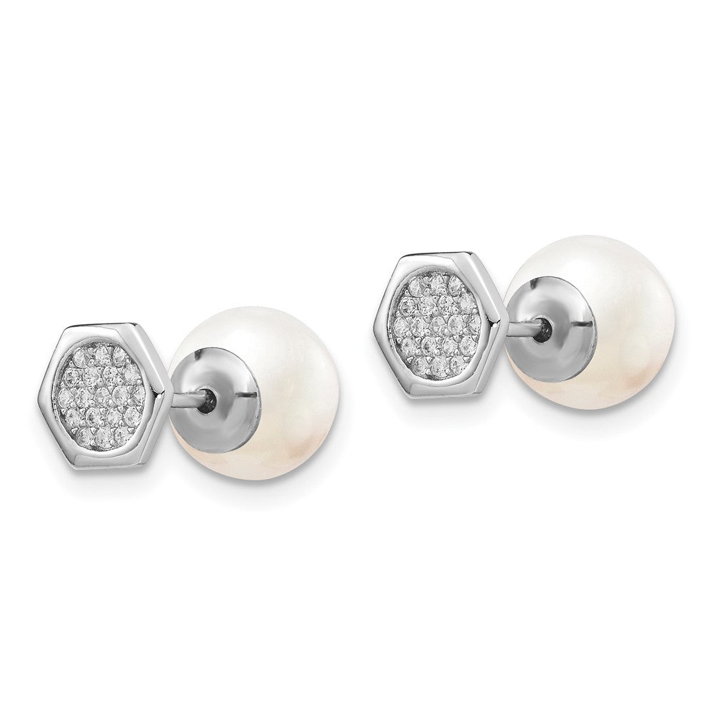 Sterling Silver Rhodium-plated Polished White 8- Imititation Shell Pearl & CZ Hexagon Reversible Post Earrings