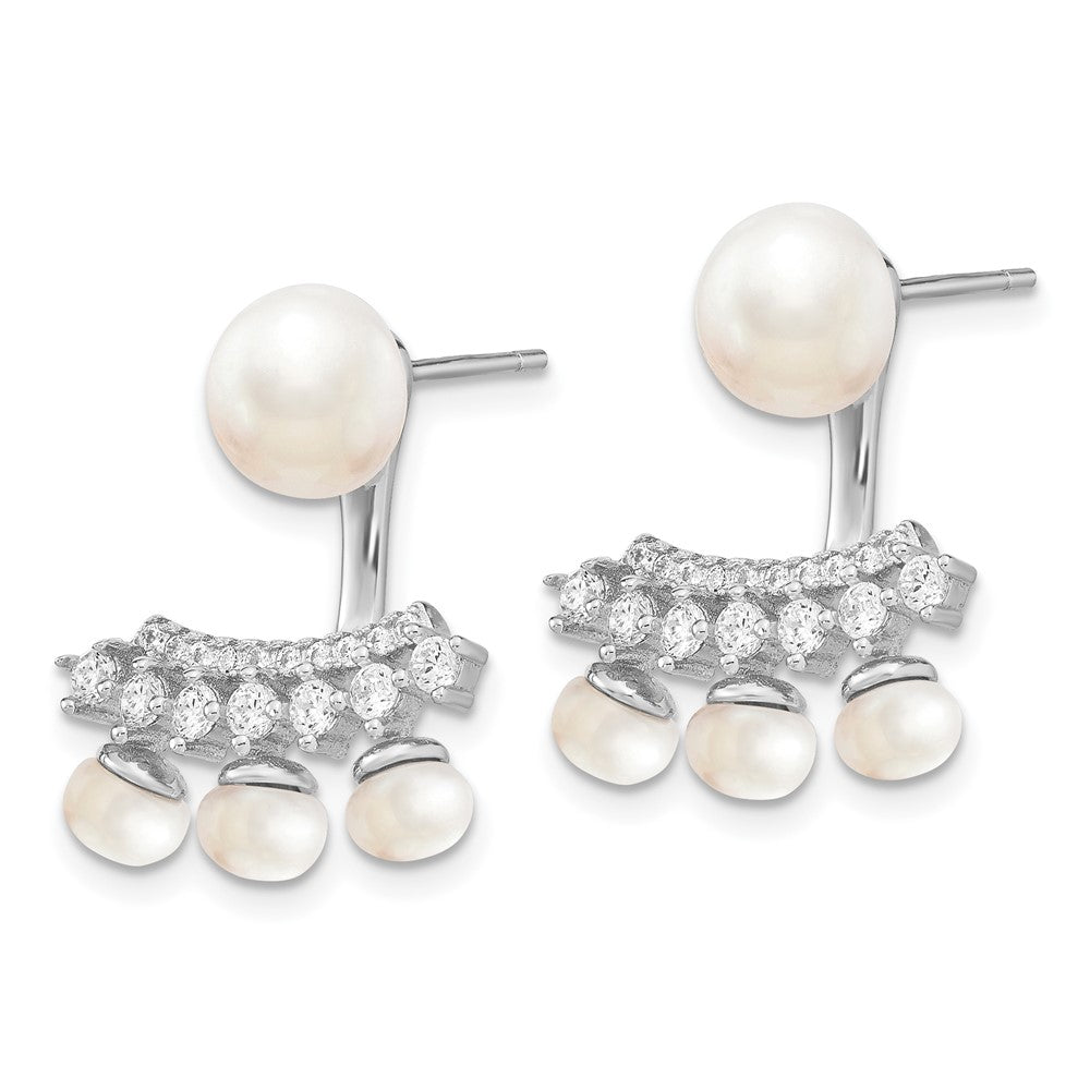 Sterling Silver Rhodium-plated 5- White Button Freshwater Cultured Pearl and CZ Post Earrings with Earring Jackets