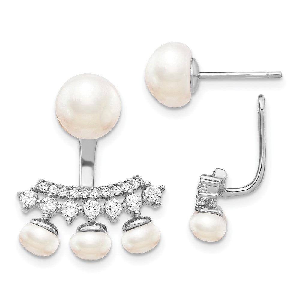 Sterling Silver Rhodium-plated 5- White Button Freshwater Cultured Pearl and CZ Post Earrings with Earring Jackets