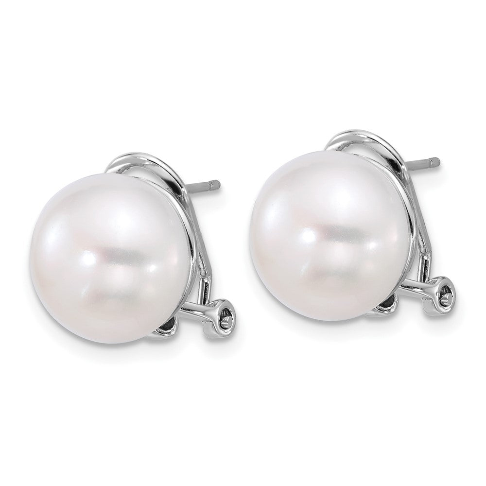 Sterling Silver Rhodium-plated 12- White Button Freshwater Cultured Pearl Omega Back Earrings