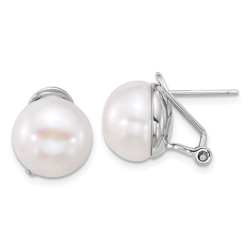 Sterling Silver Rhodium-plated 12- White Button Freshwater Cultured Pearl Omega Back Earrings
