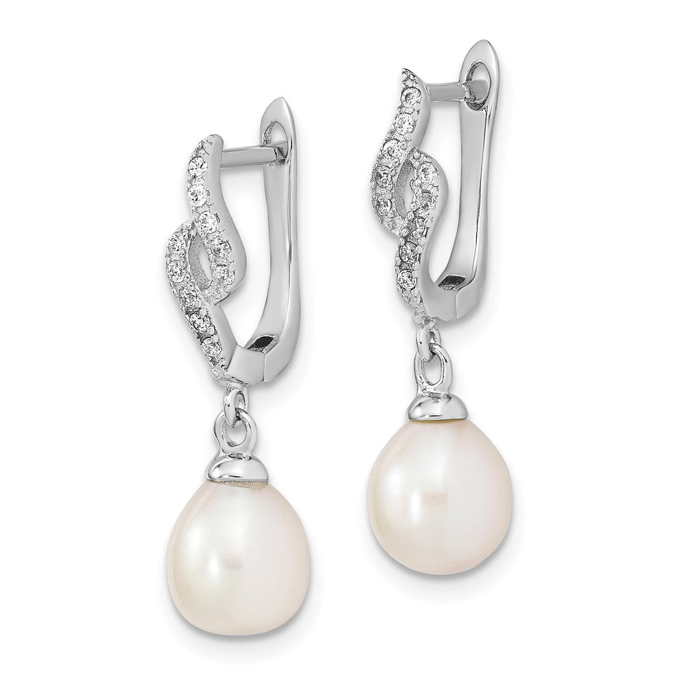 Sterling Silver Rhodium-plated 7- White Teardrop Freshwater Cultured Pearl and CZ Dangle Leverback Earrings