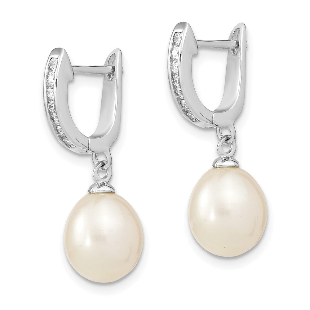 Sterling Silver Rhodium-plated 8- White Rice Freshwater Cultured Pearl and CZ Dangle Hoop Earrings