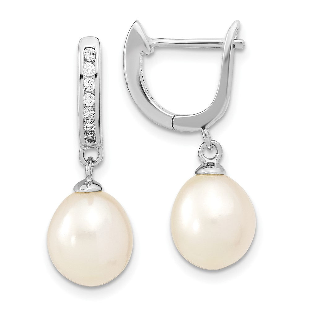 Sterling Silver Rhodium-plated 8- White Rice Freshwater Cultured Pearl and CZ Dangle Hoop Earrings