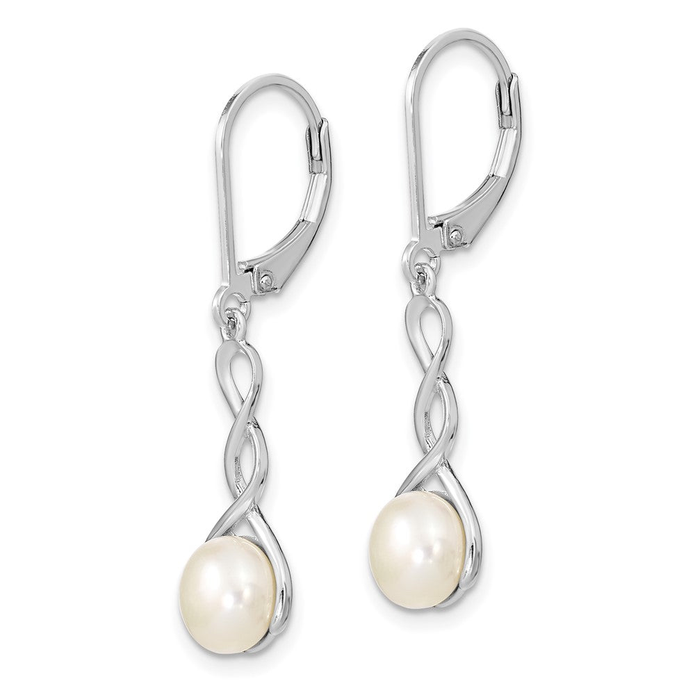 Sterling Silver Rhodium-plated Twisted 7- White Button Freshwater Cultured Pearl Leverback Dangle Earrings