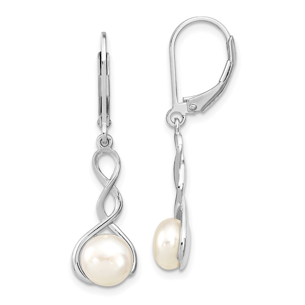Sterling Silver Rhodium-plated Twisted 7- White Button Freshwater Cultured Pearl Leverback Dangle Earrings