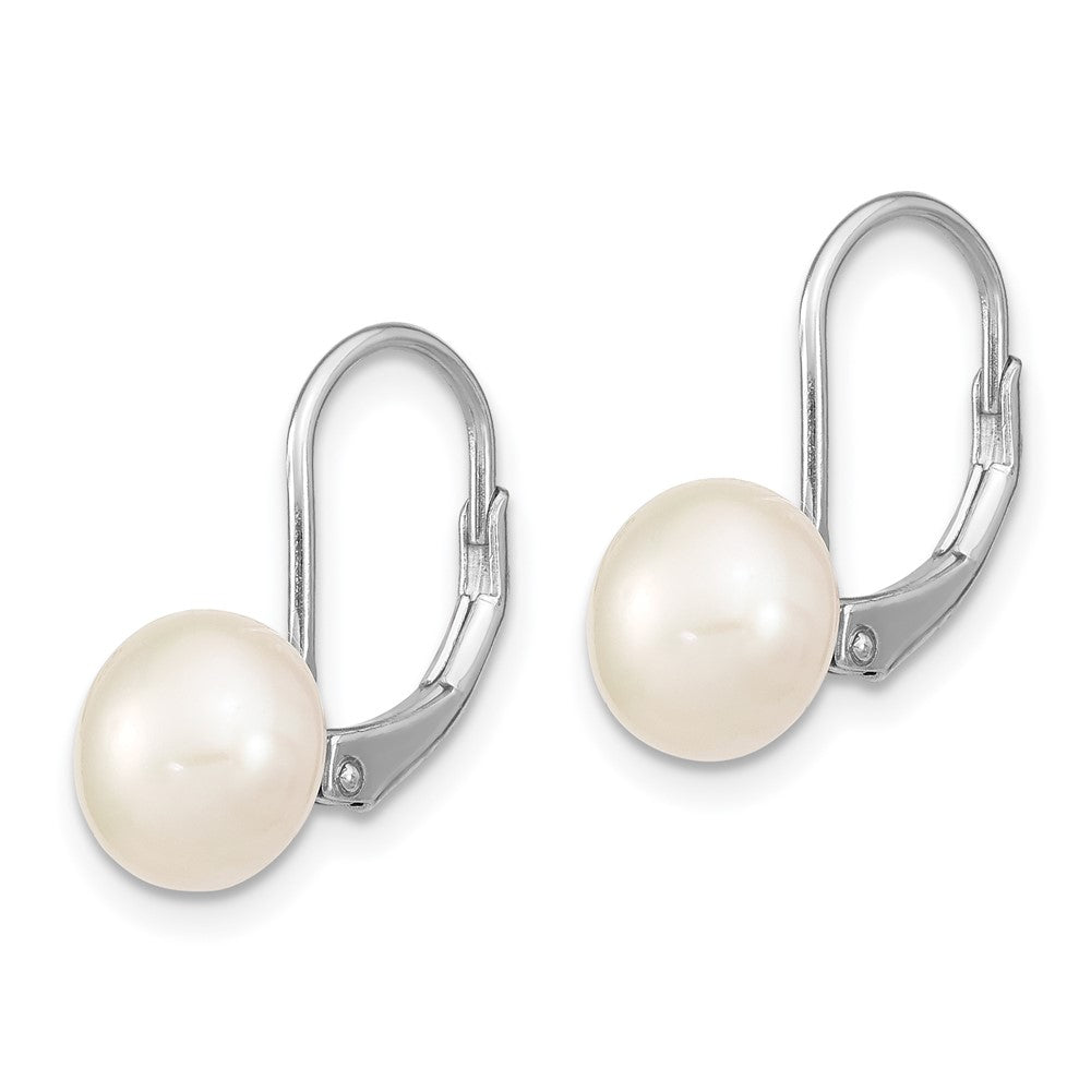 Sterling Silver Rhodium-plated 8- White Button Freshwater Cultured Pearl Leverback Earrings