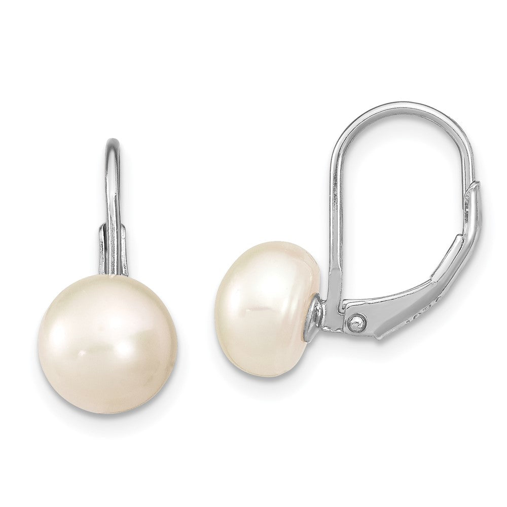 Sterling Silver Rhodium-plated 8- White Button Freshwater Cultured Pearl Leverback Earrings