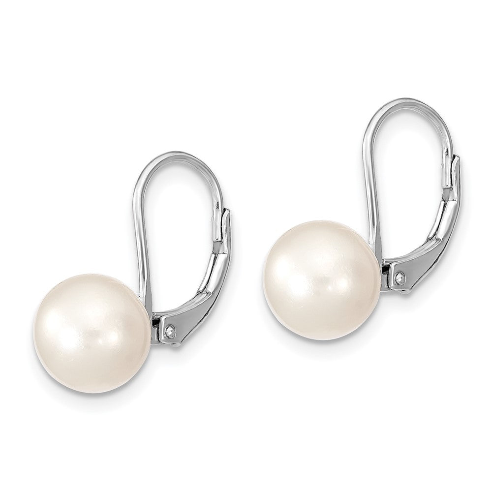 Sterling Silver Rhodium-plated 8- White Round Freshwater Cultured Pearl Leverback Earrings