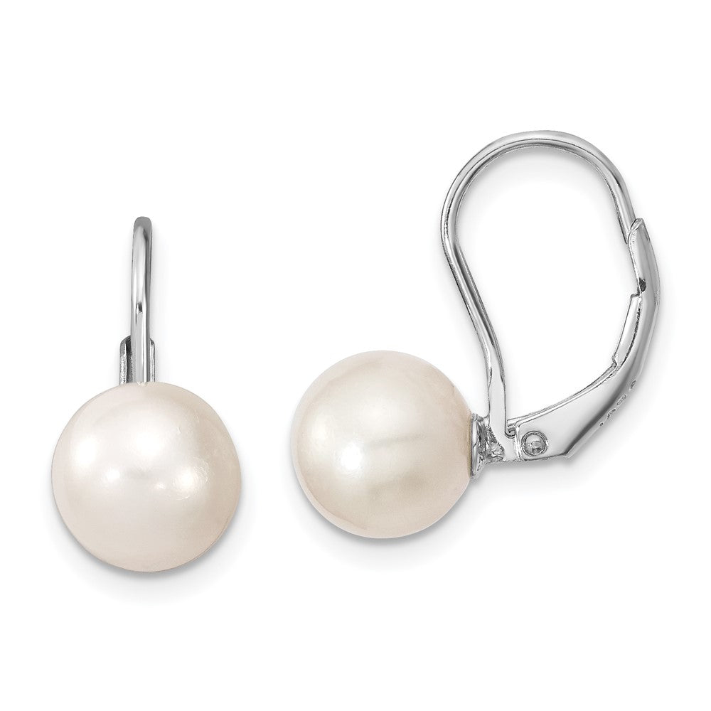 Sterling Silver Rhodium-plated 8- White Round Freshwater Cultured Pearl Leverback Earrings