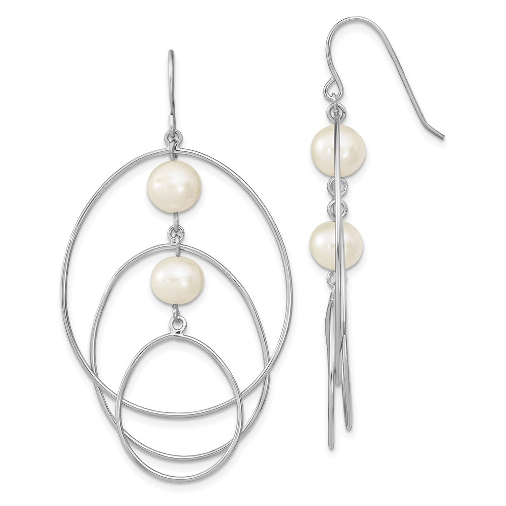 Sterling Silver Rhodium-plated 8- White Semi-Round Freshwater Cultured Pearl Circles Dangle Earrings