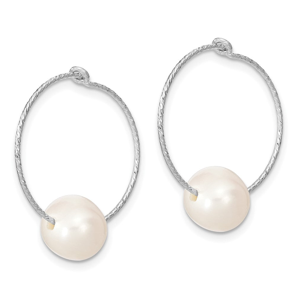 Sterling Silver Rhodium-plated 8- White Round Freshwater Cultured Pearl Hoop Earrings
