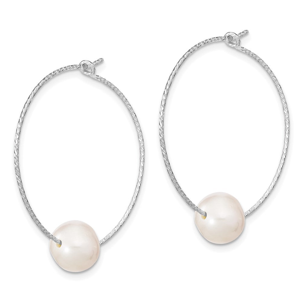 Sterling Silver Rhodium-plated 8- White Semi-Round Freshwater Cultured Pearl Hoop Earrings