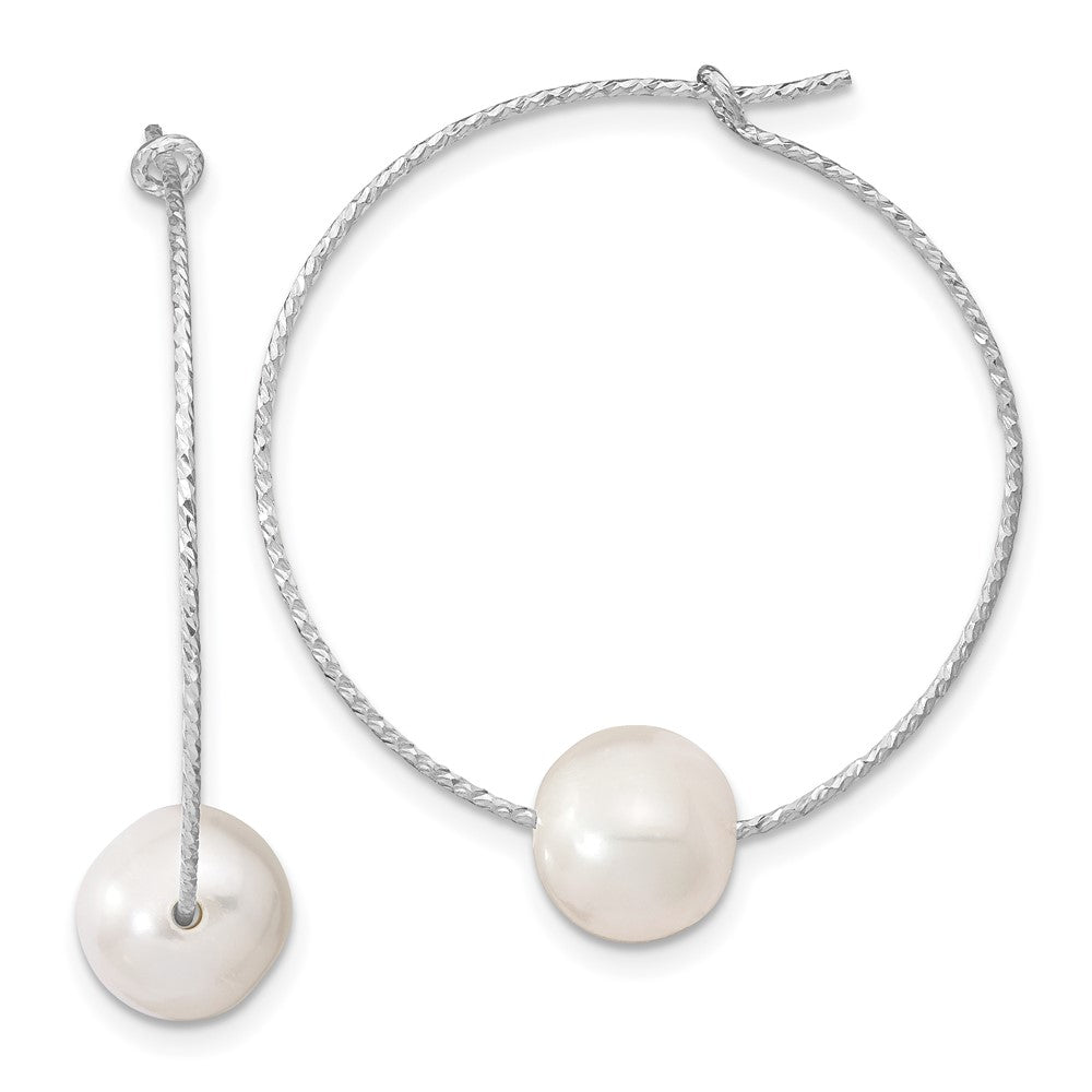 Sterling Silver Rhodium-plated 8- White Semi-Round Freshwater Cultured Pearl Hoop Earrings