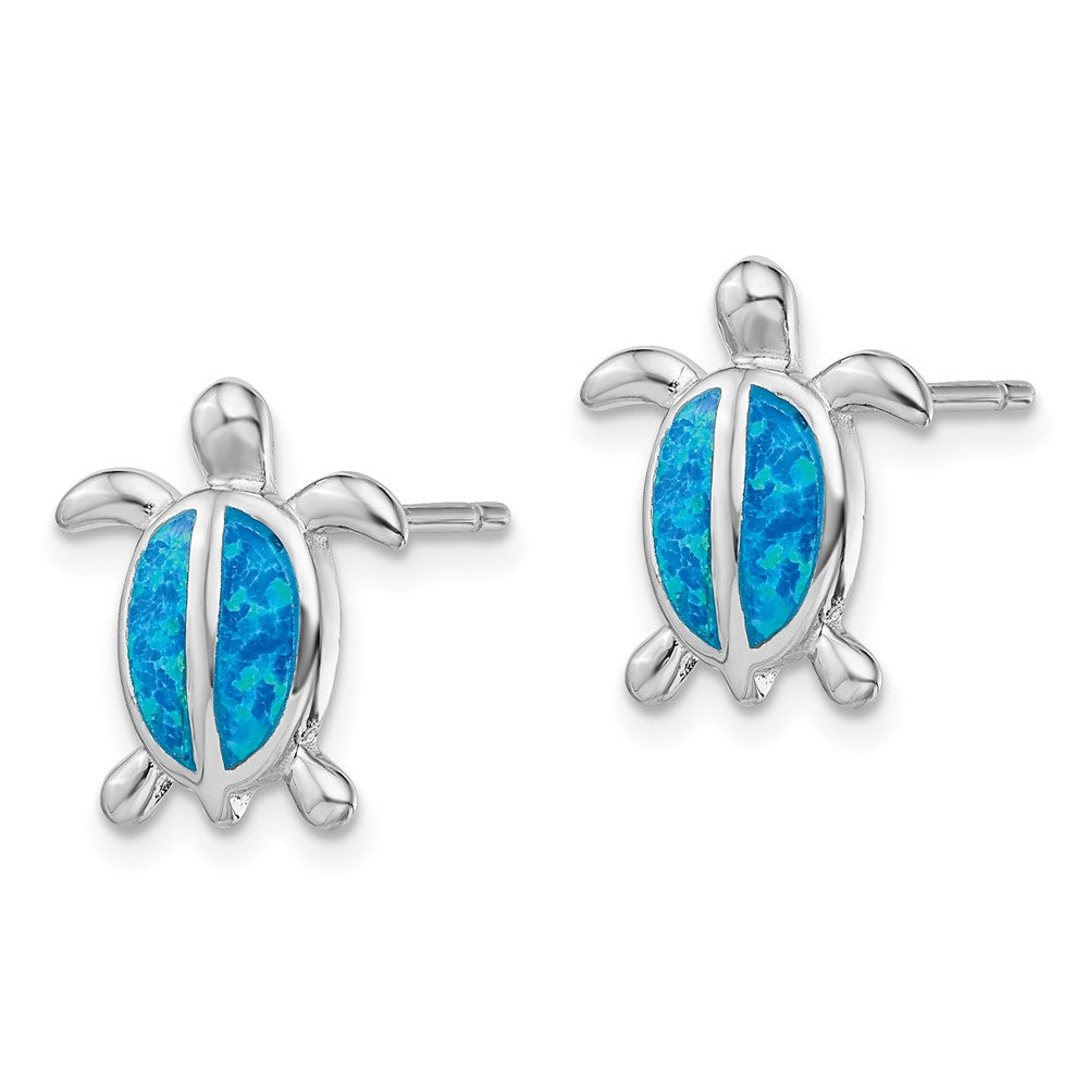 Sterling Silver Rhodium-plated Polished Blue Created Opal Polished Turtle Post Earrings