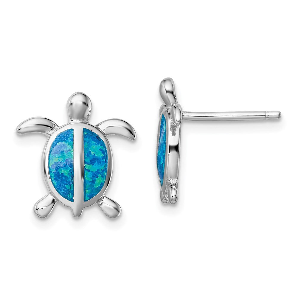 Sterling Silver Rhodium-plated Polished Blue Created Opal Polished Turtle Post Earrings