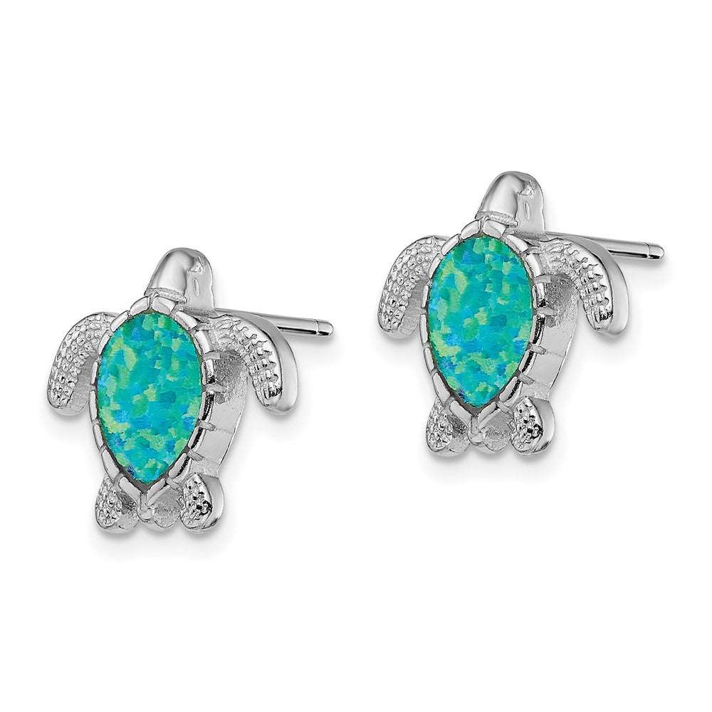 Sterling Silver Rhodium-plated Polished Green Created Opal Turtle Post Earrings