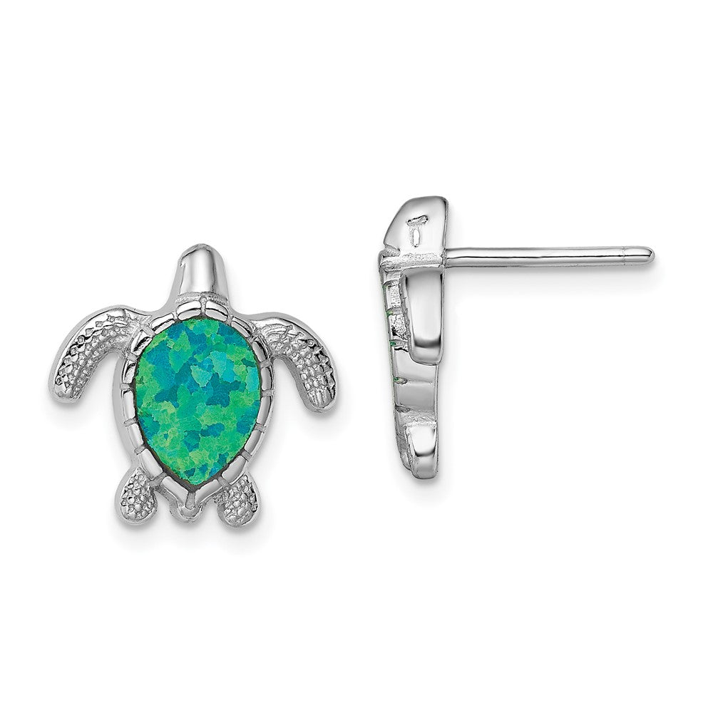 Sterling Silver Rhodium-plated Polished Green Created Opal Turtle Post Earrings