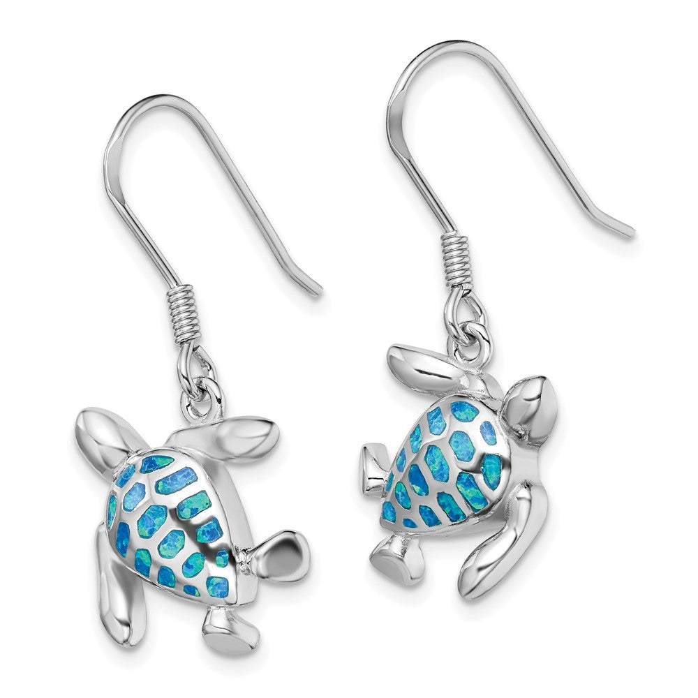 Sterling Silver Rhodium-plated Polished Blue Created Opal Turtle Dangle Earrings