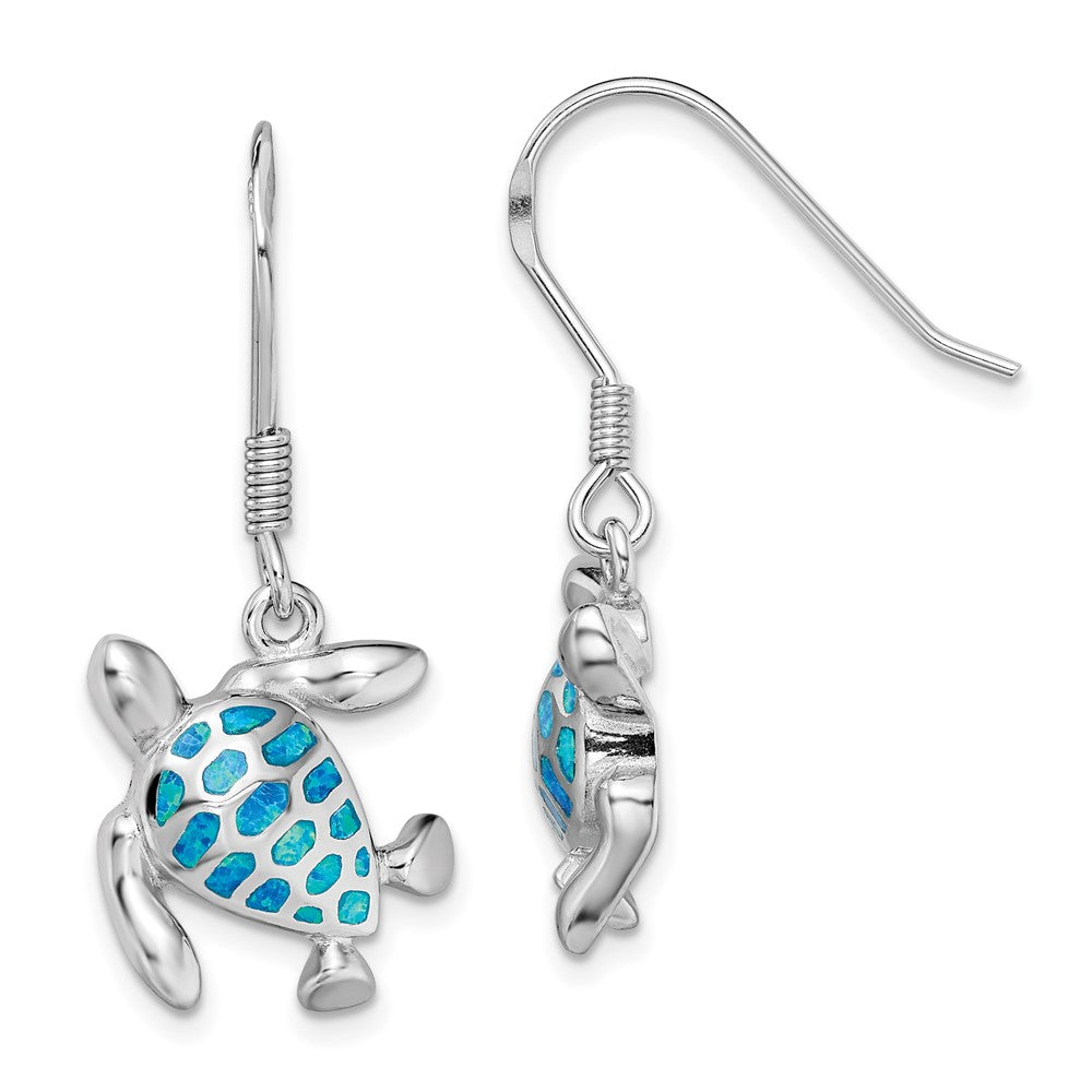 Sterling Silver Rhodium-plated Polished Blue Created Opal Turtle Dangle Earrings