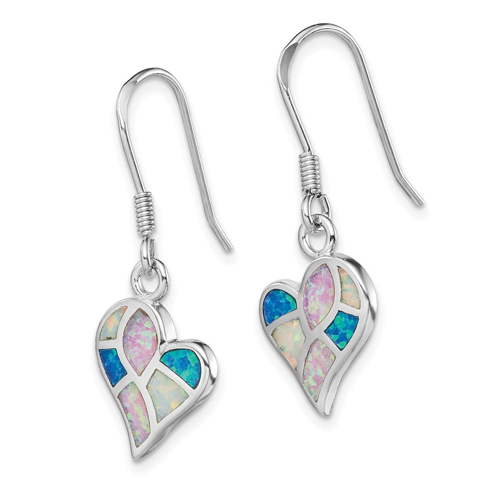 Sterling Silver Rhodium White/Pink/Blue Created Opal Heart Earrings