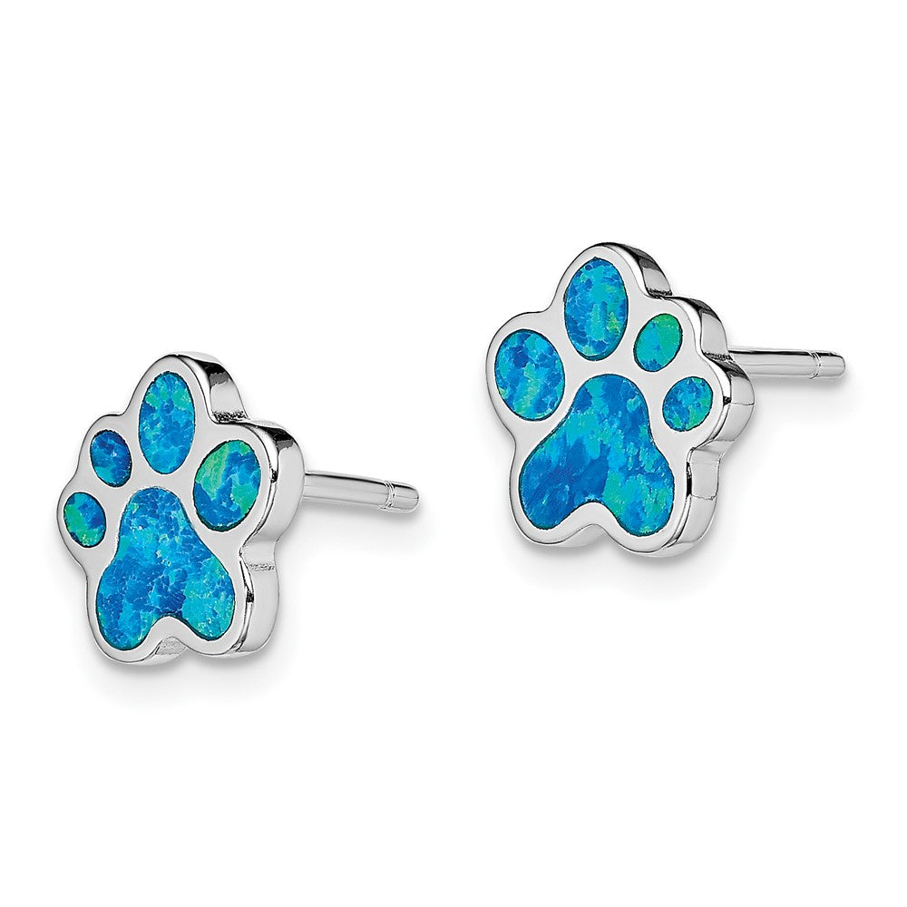 Sterling Silver Rhod-plated Creat Blue Opal Paw Print Post Earrings