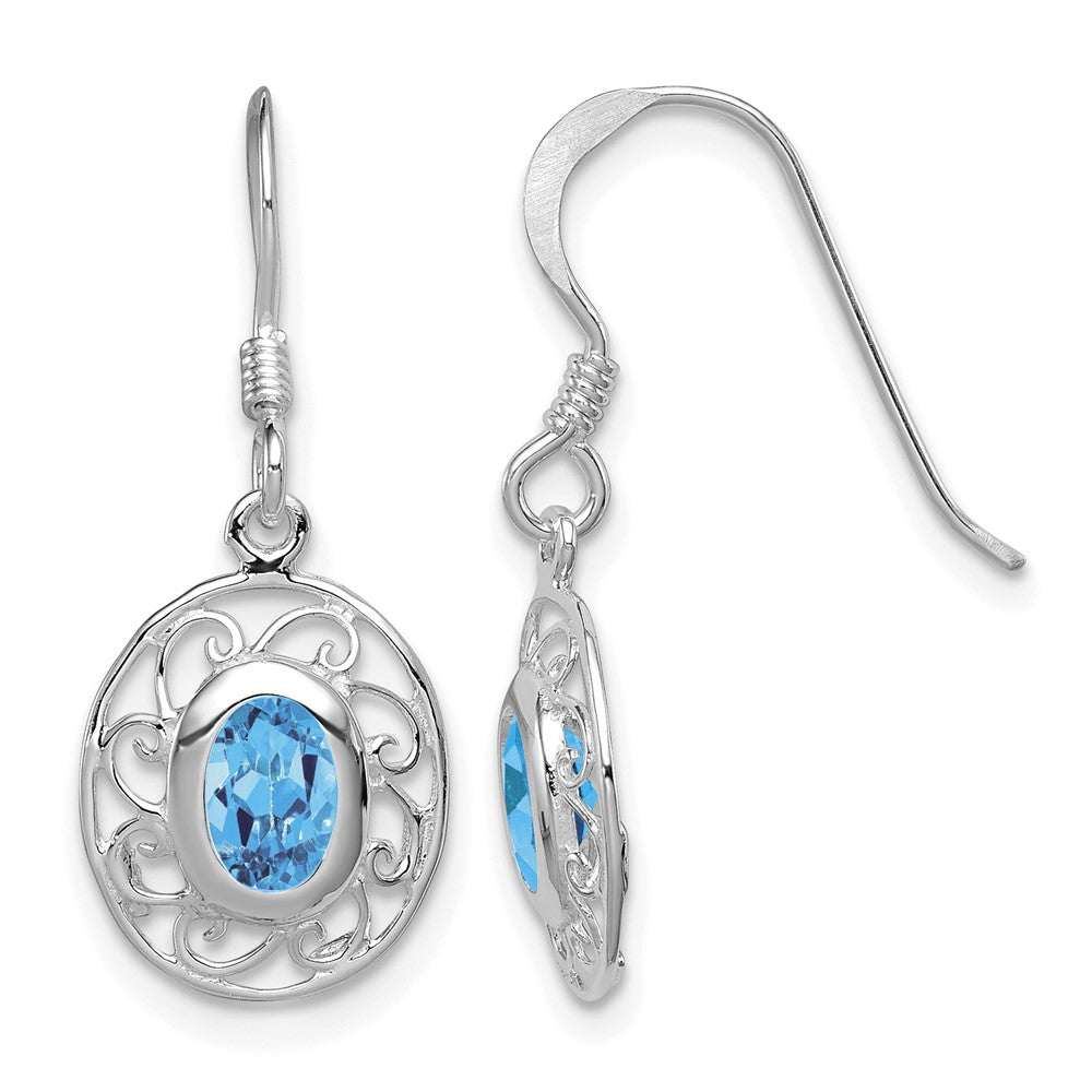Sterling Silver Rhod-plated Swiss Blue Topaz Filigree Dangle Earrings