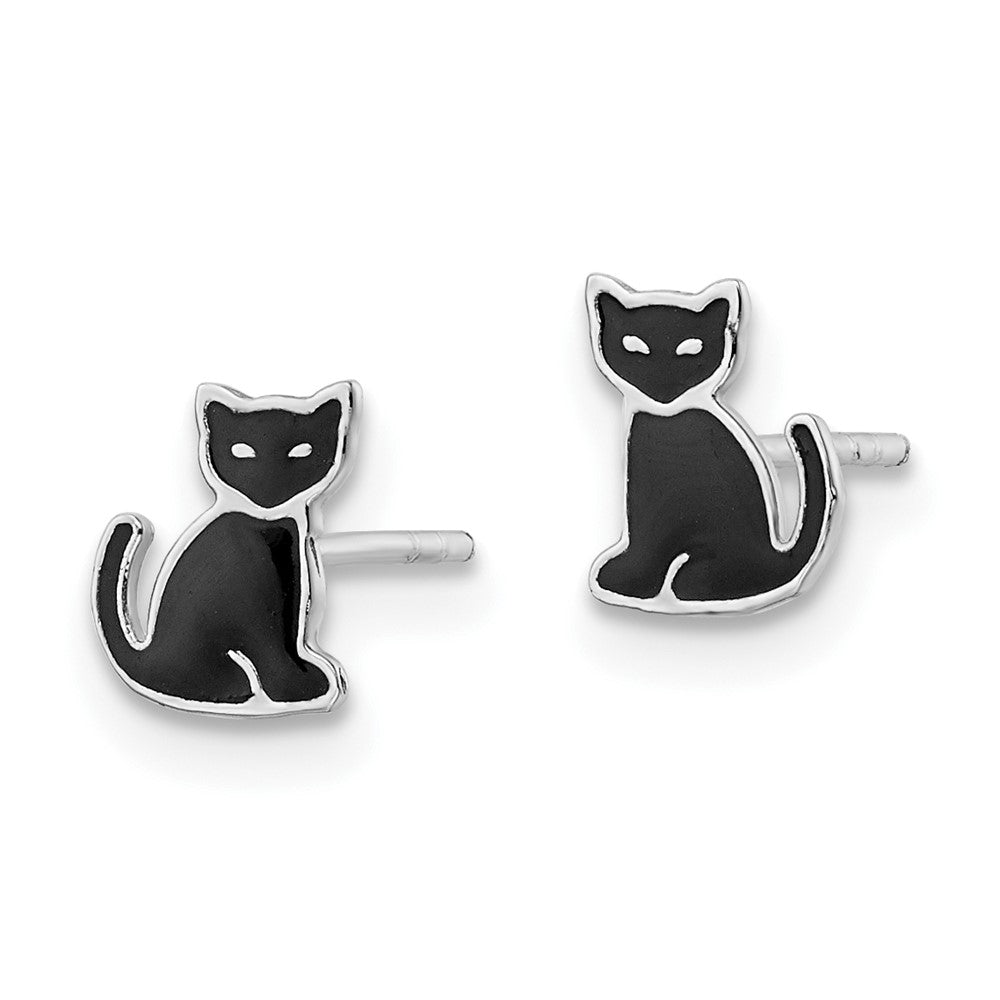 Sterling Silver RH-plated Polished Black Enameled Cat Post Earrings