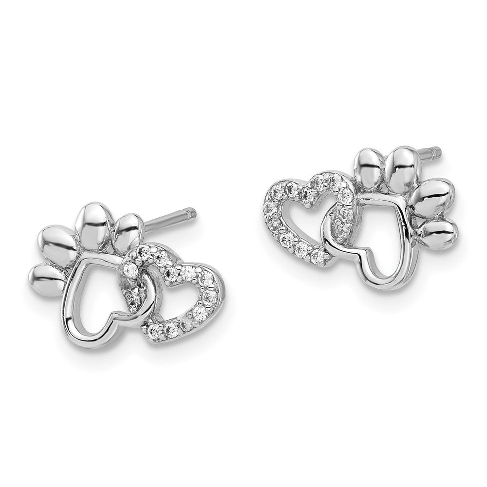 Sterling Silver Rhodium-plated with CZ Hearts and Paw Print Post Earrings