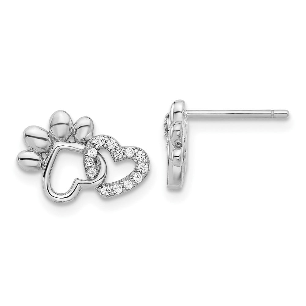 Sterling Silver Rhodium-plated with CZ Hearts and Paw Print Post Earrings