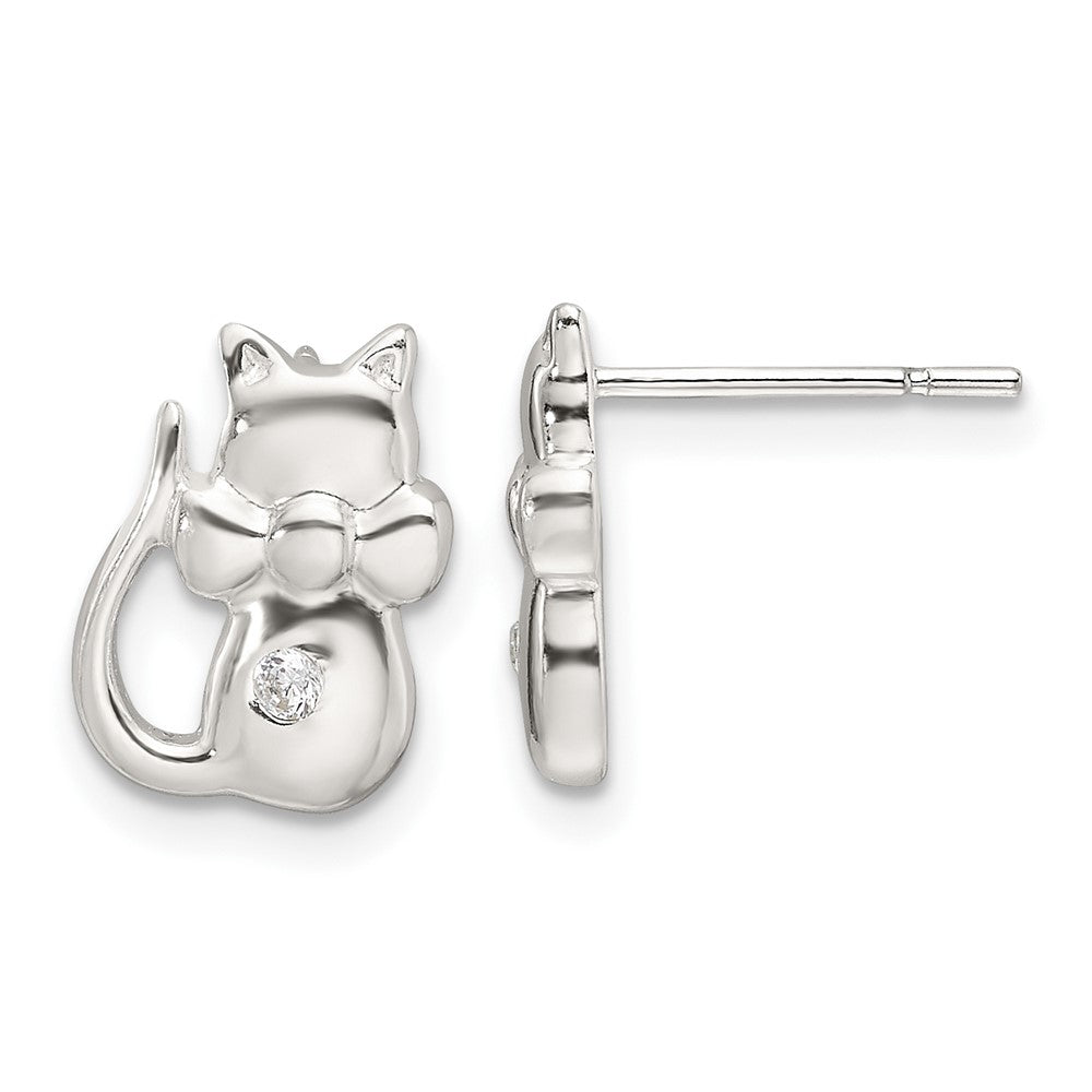 Sterling Silver Polished CZ Cat Earrings