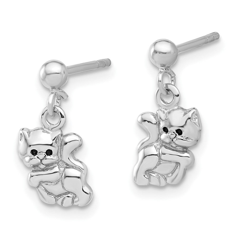 Sterling Silver Rhodium-plated Enameled Cat Post Dangle Earrings