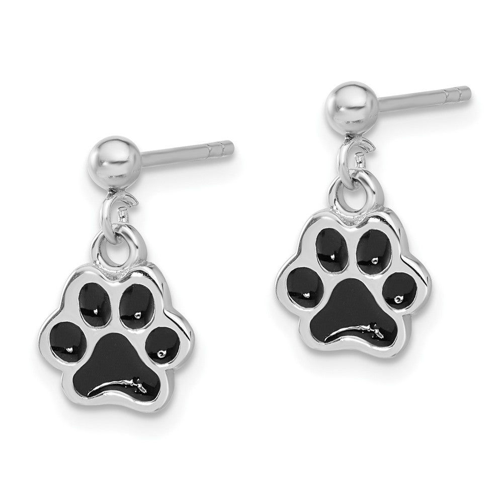 Sterling Silver Rhodium-plated Enameled Dog Paw Post Dangle Earrings