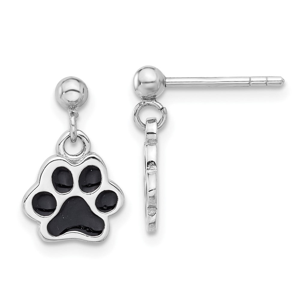 Sterling Silver Rhodium-plated Enameled Dog Paw Post Dangle Earrings