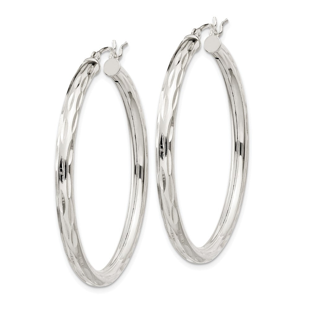 Sterling Silver Diamond-cut Satin 3x Hoop Earrings