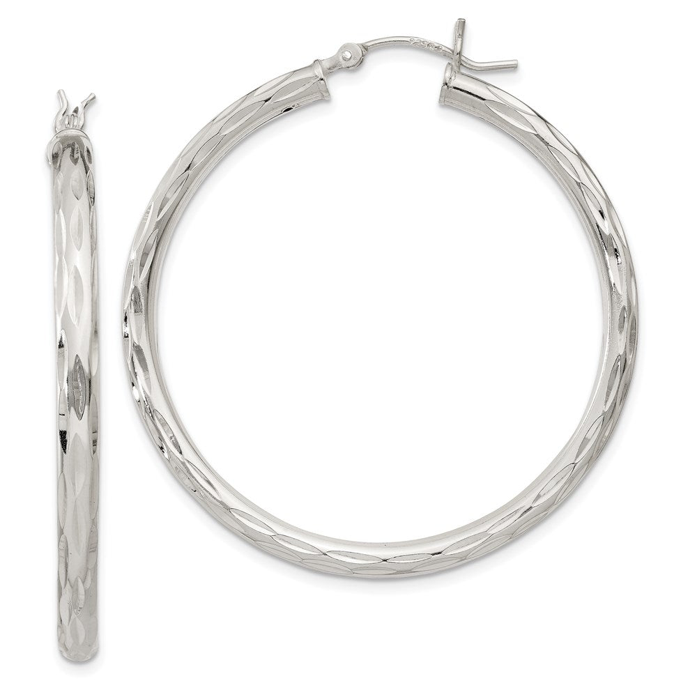Sterling Silver Diamond-cut Satin 3x Hoop Earrings