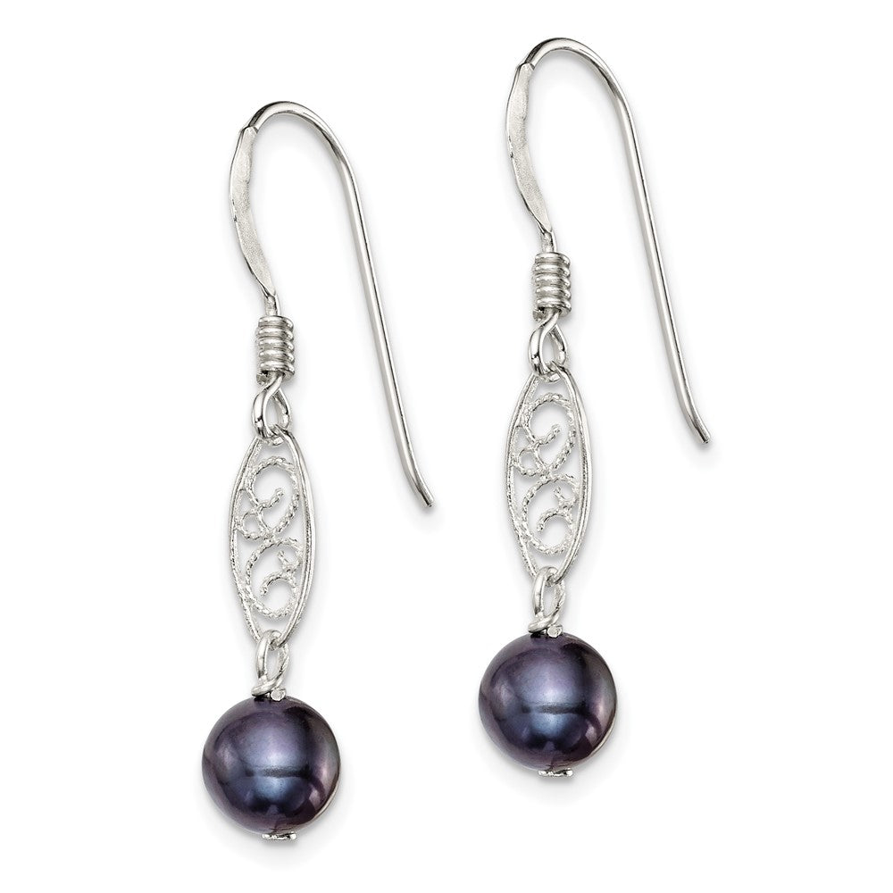 Sterling Silver Polished Filigree 5- Black Freshwater Cultured Pearl Dangle Earrings