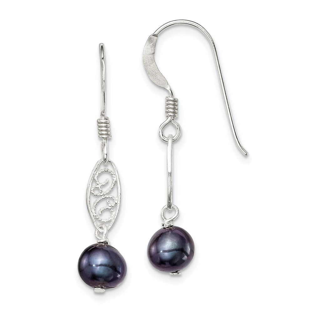 Sterling Silver Polished Filigree 5- Black Freshwater Cultured Pearl Dangle Earrings
