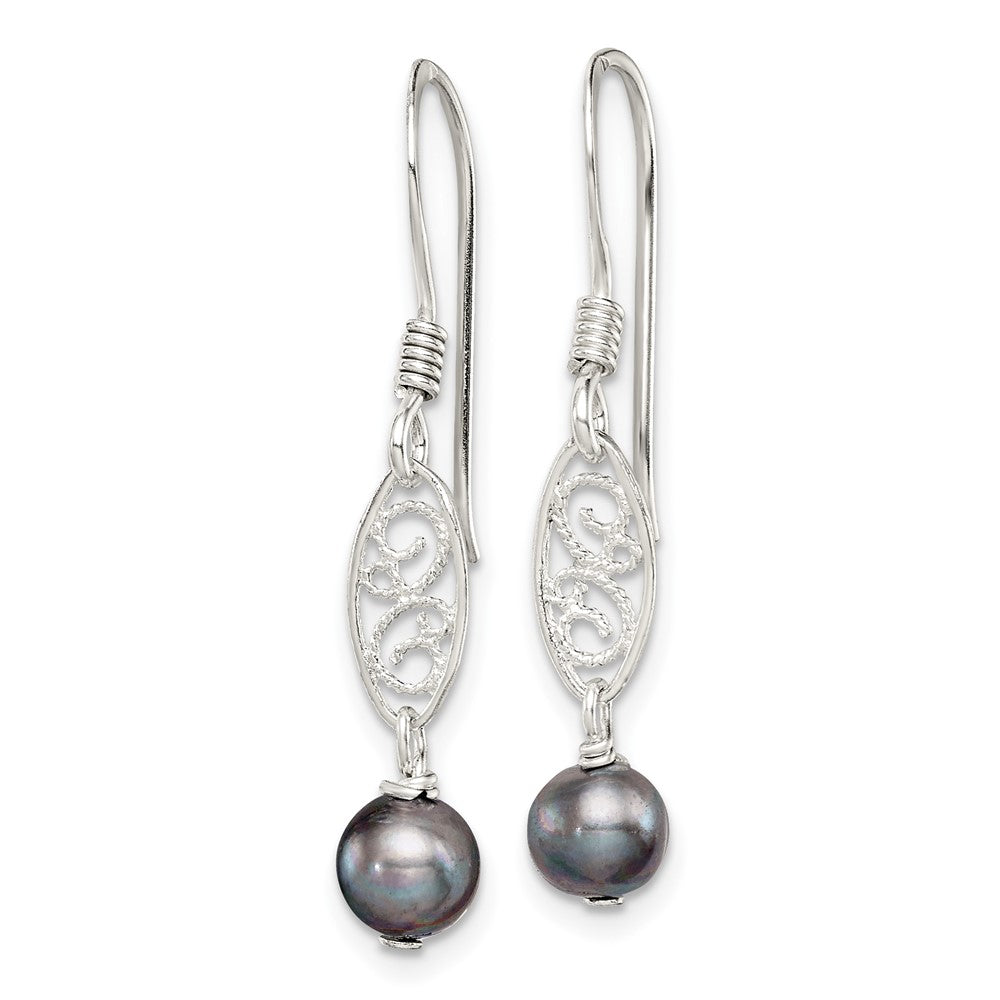 Sterling Silver Polished Filigree 5- Grey Freshwater Cultured Pearl Dangle Earrings