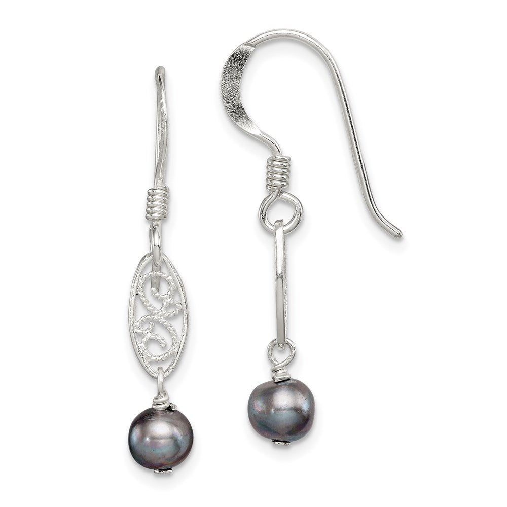 Sterling Silver Polished Filigree 5- Grey Freshwater Cultured Pearl Dangle Earrings